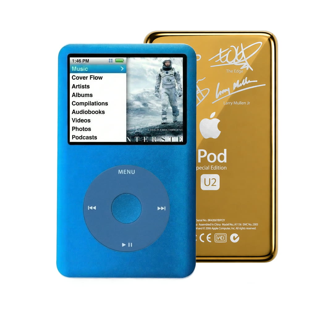 Blue refurbished iPod Classic 7th Gen with Blue click wheel and Gold U2 back plate