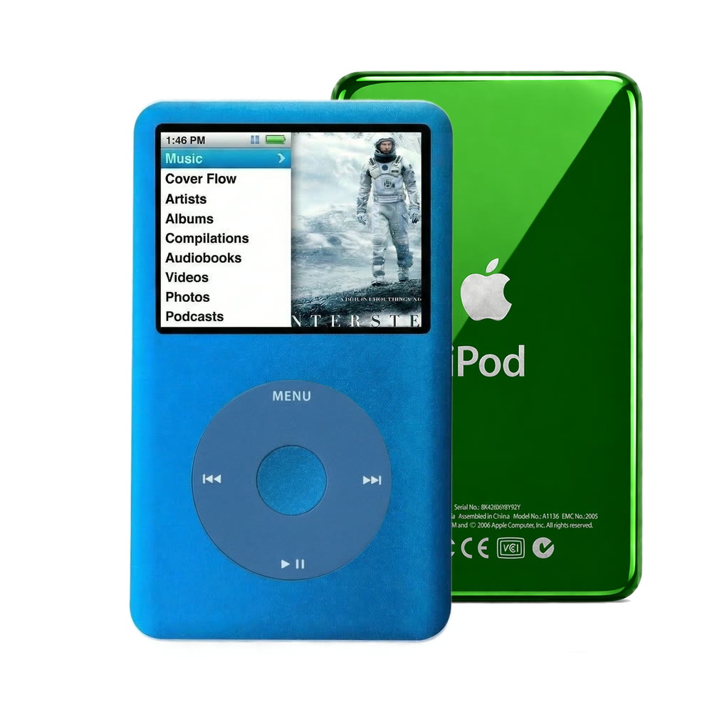 Blue refurbished iPod Classic 7th Gen with Blue click wheel and Green back plate