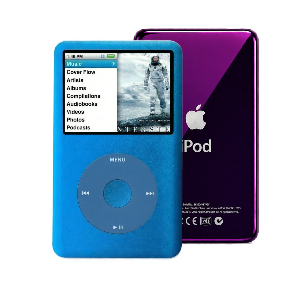Blue refurbished iPod Classic 7th Gen with Blue click wheel and Purple back plate