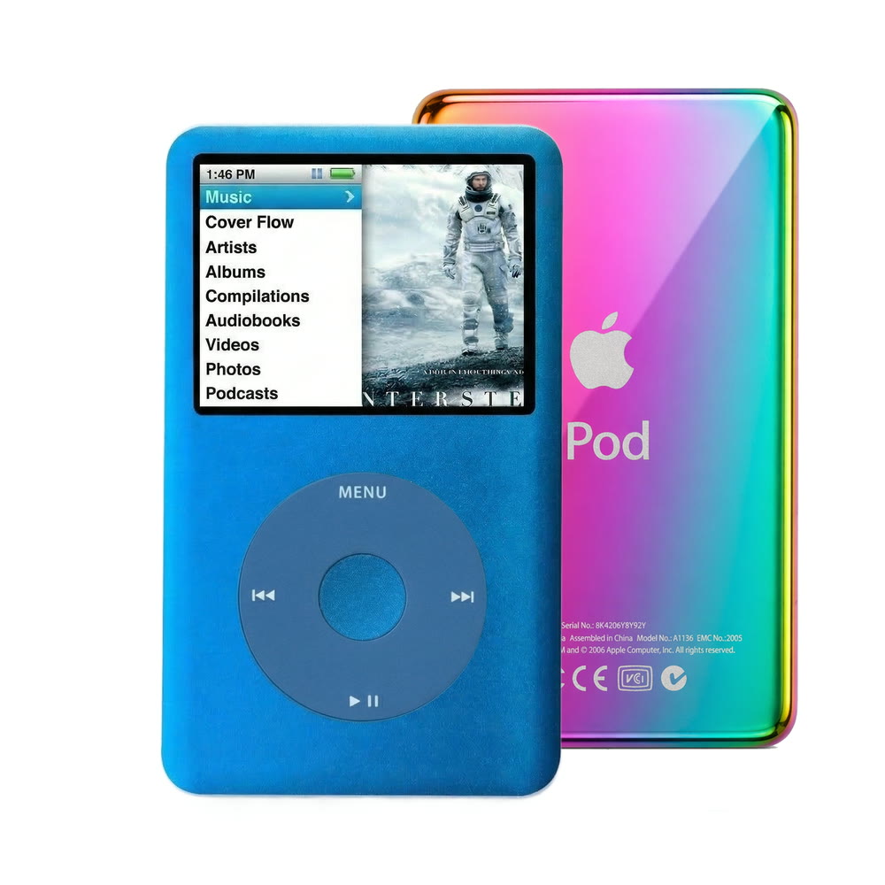 Blue refurbished iPod Classic 7th Gen with Blue click wheel and Rainbow back plate
