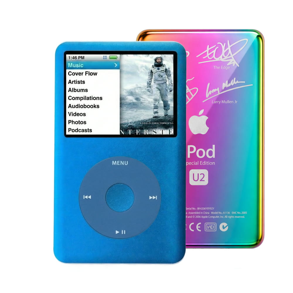 Blue refurbished iPod Classic 7th Gen with Blue click wheel and Rainbow U2 back plate