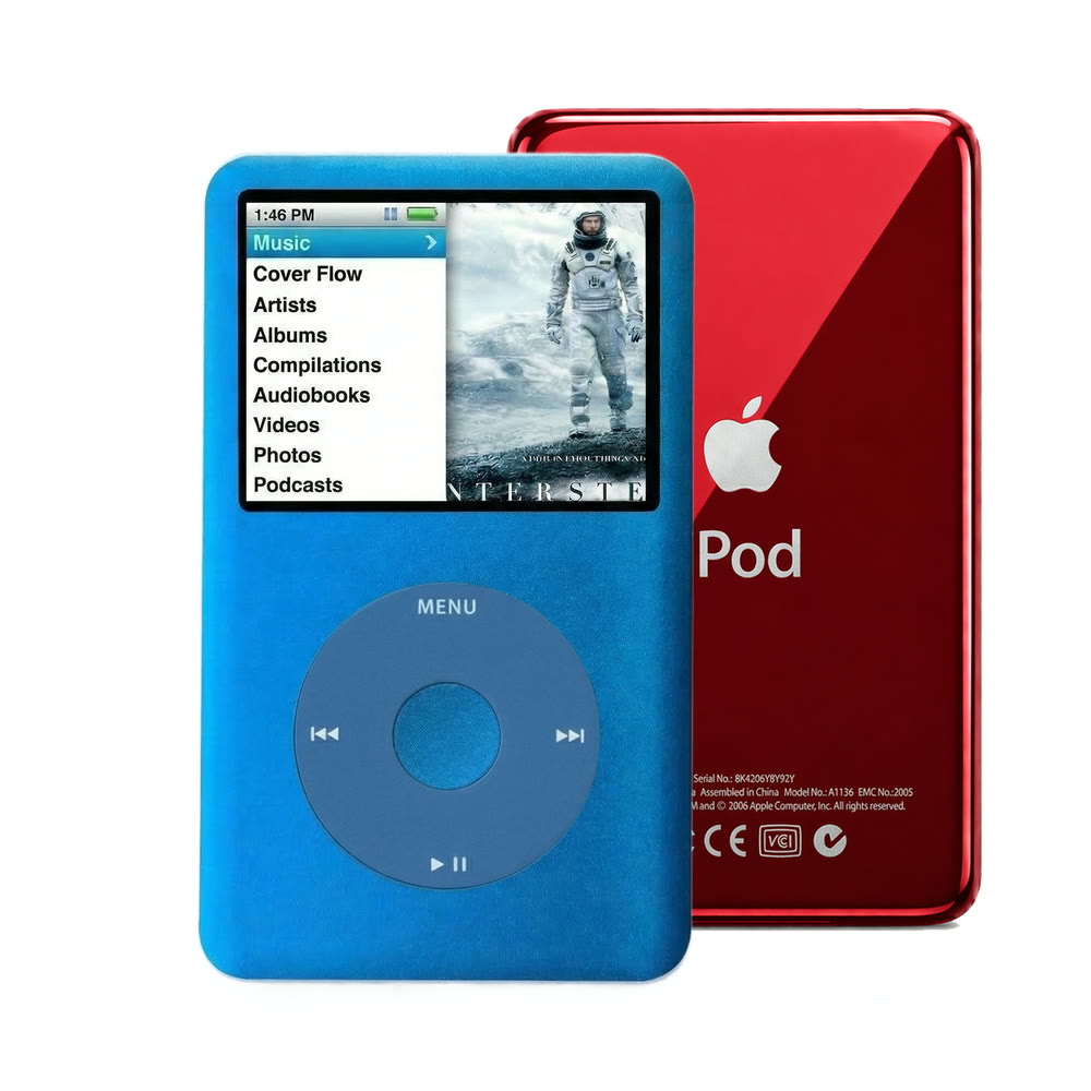 Blue refurbished iPod Classic 7th Gen with Blue click wheel and Red back plate