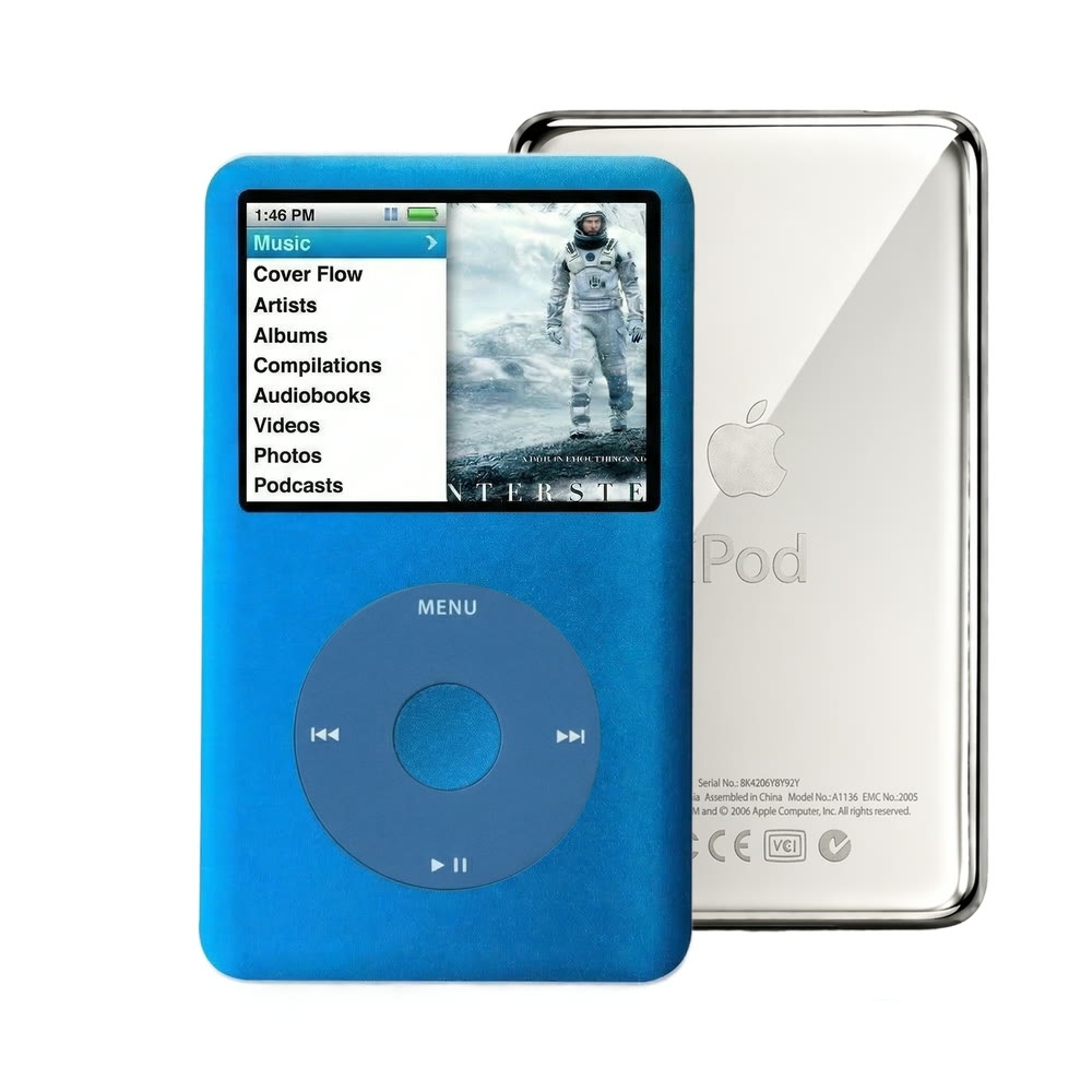 Blue refurbished iPod Classic 7th Gen with Blue click wheel and Silver back plate