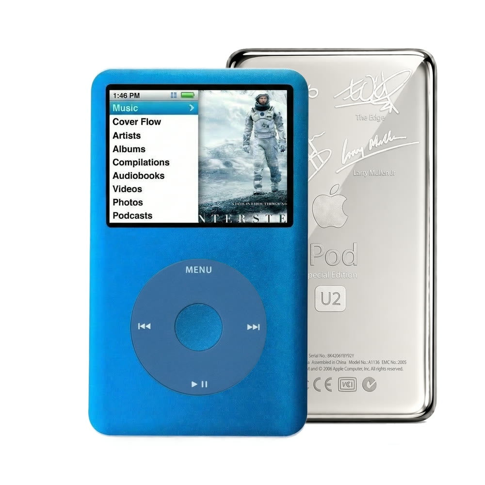 Blue refurbished iPod Classic 7th Gen with Blue click wheel and Silver U2 back plate