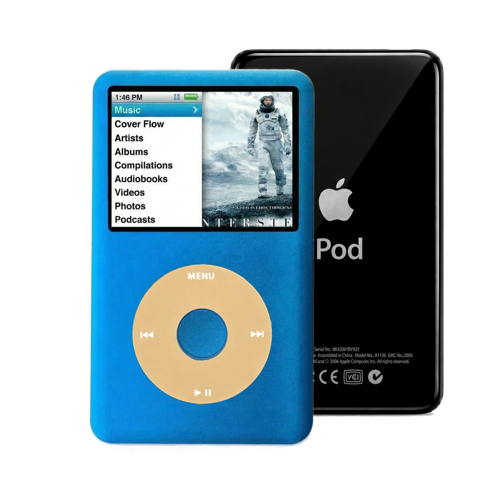 Blue refurbished iPod Classic 7th Gen with Gold click wheel and Black back plate