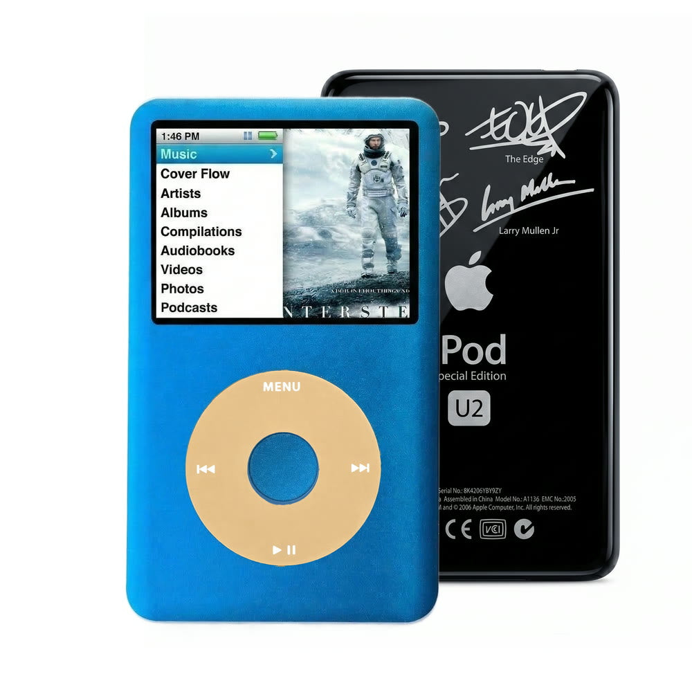 Blue refurbished iPod Classic 7th Gen with Gold click wheel and Black U2 back plate