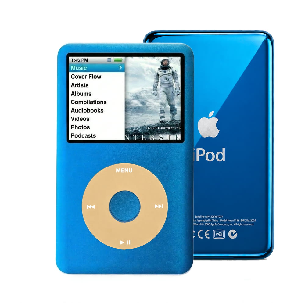 Blue refurbished iPod Classic 7th Gen with Gold click wheel and Blue back plate