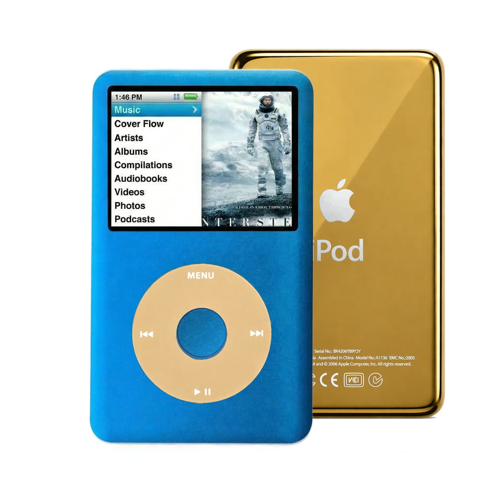 Blue refurbished iPod Classic 7th Gen with Gold click wheel and Gold back plate
