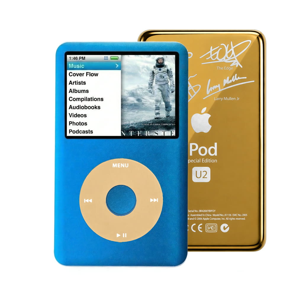 Blue refurbished iPod Classic 7th Gen with Gold click wheel and Gold U2 back plate