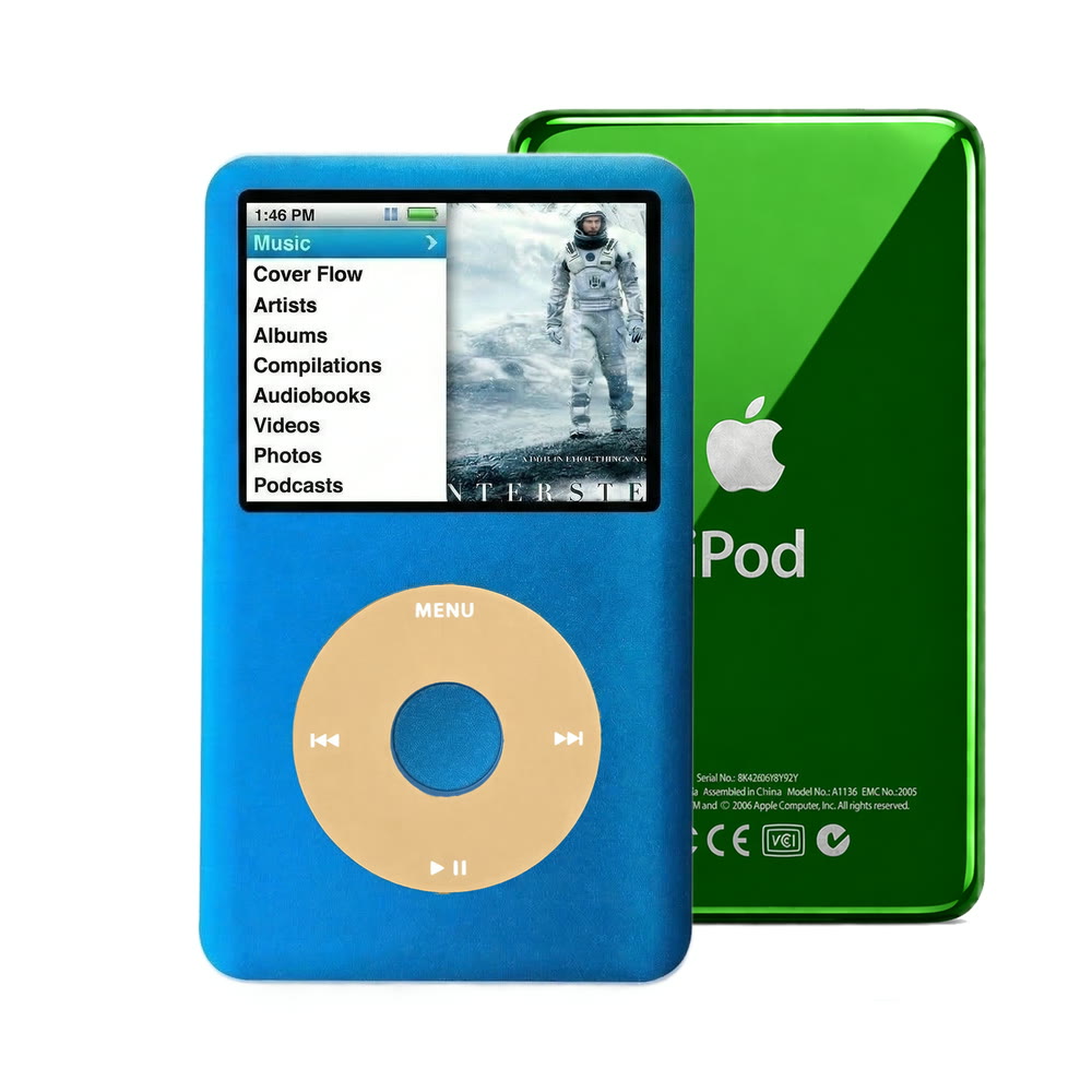 Blue refurbished iPod Classic 7th Gen with Gold click wheel and Green back plate
