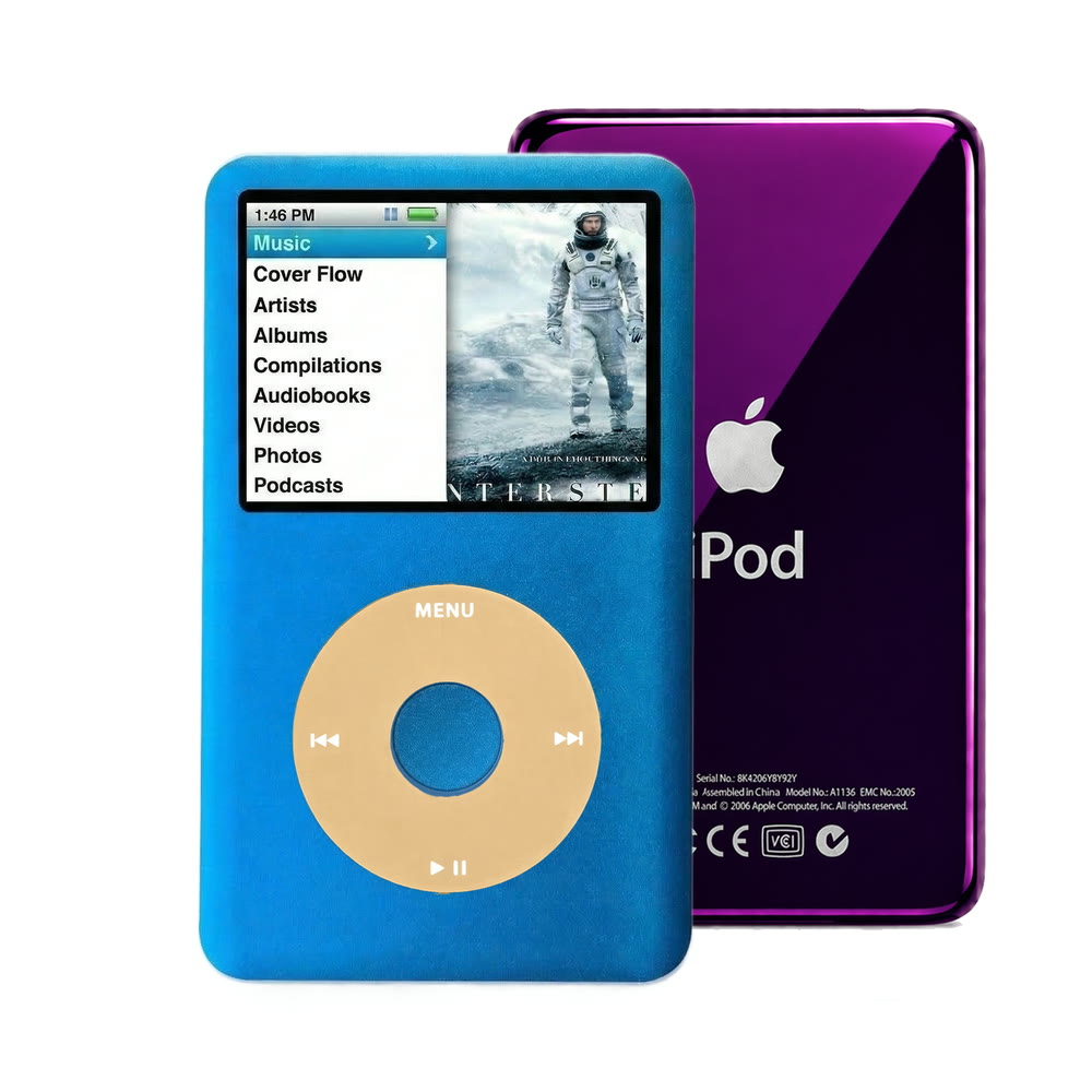Blue refurbished iPod Classic 7th Gen with Gold click wheel and Purple back plate
