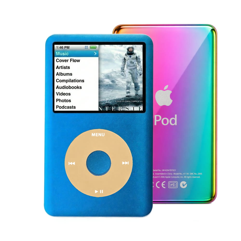 Blue refurbished iPod Classic 7th Gen with Gold click wheel and Rainbow back plate