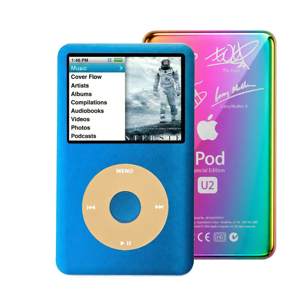 Blue refurbished iPod Classic 7th Gen with Gold click wheel and Rainbow U2 back plate