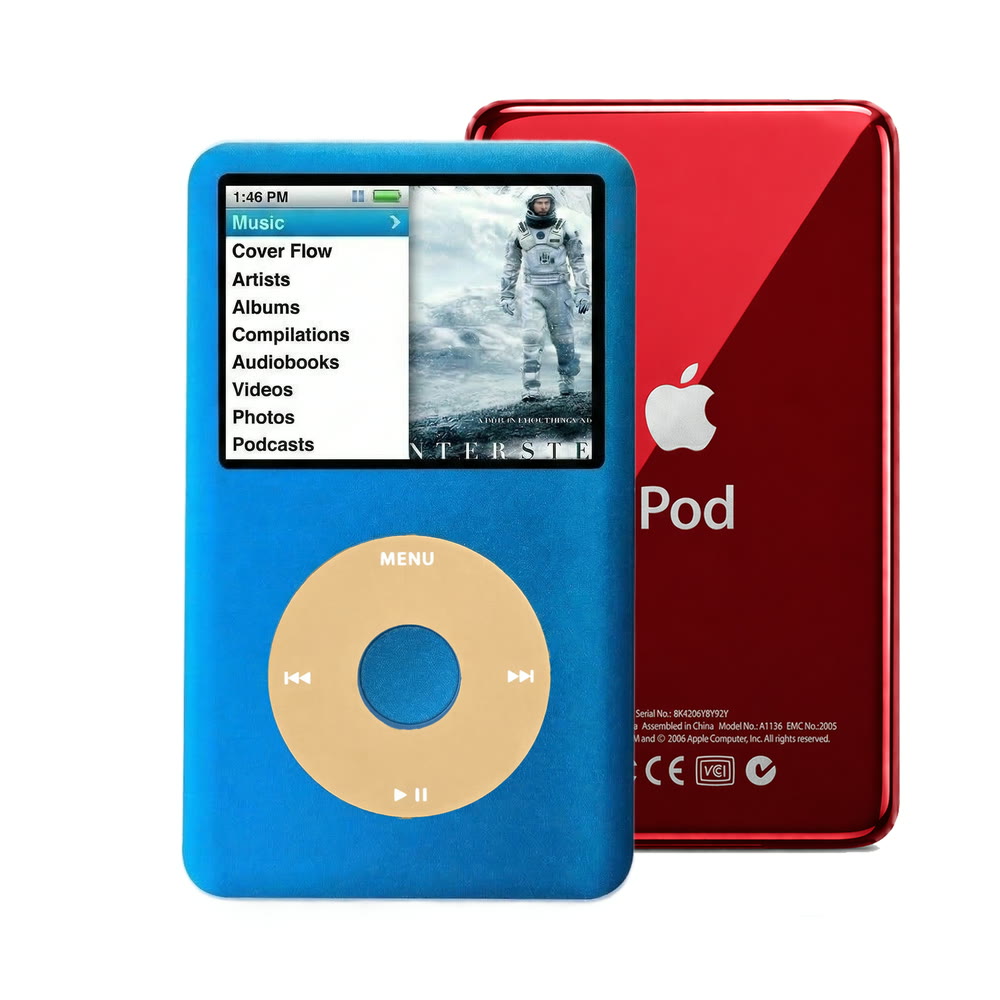 Blue refurbished iPod Classic 7th Gen with Gold click wheel and Red back plate