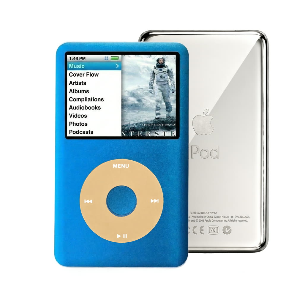 Blue refurbished iPod Classic 7th Gen with Gold click wheel and Silver back plate