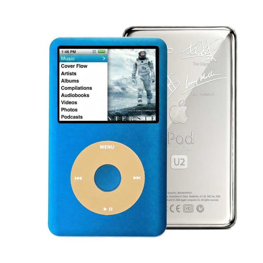 Blue refurbished iPod Classic 7th Gen with Gold click wheel and Silver U2 back plate