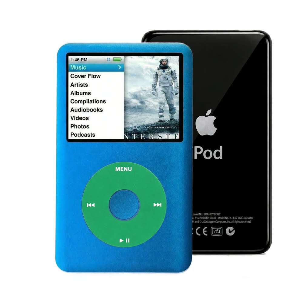 Blue refurbished iPod Classic 7th Gen with Green click wheel and Black back plate