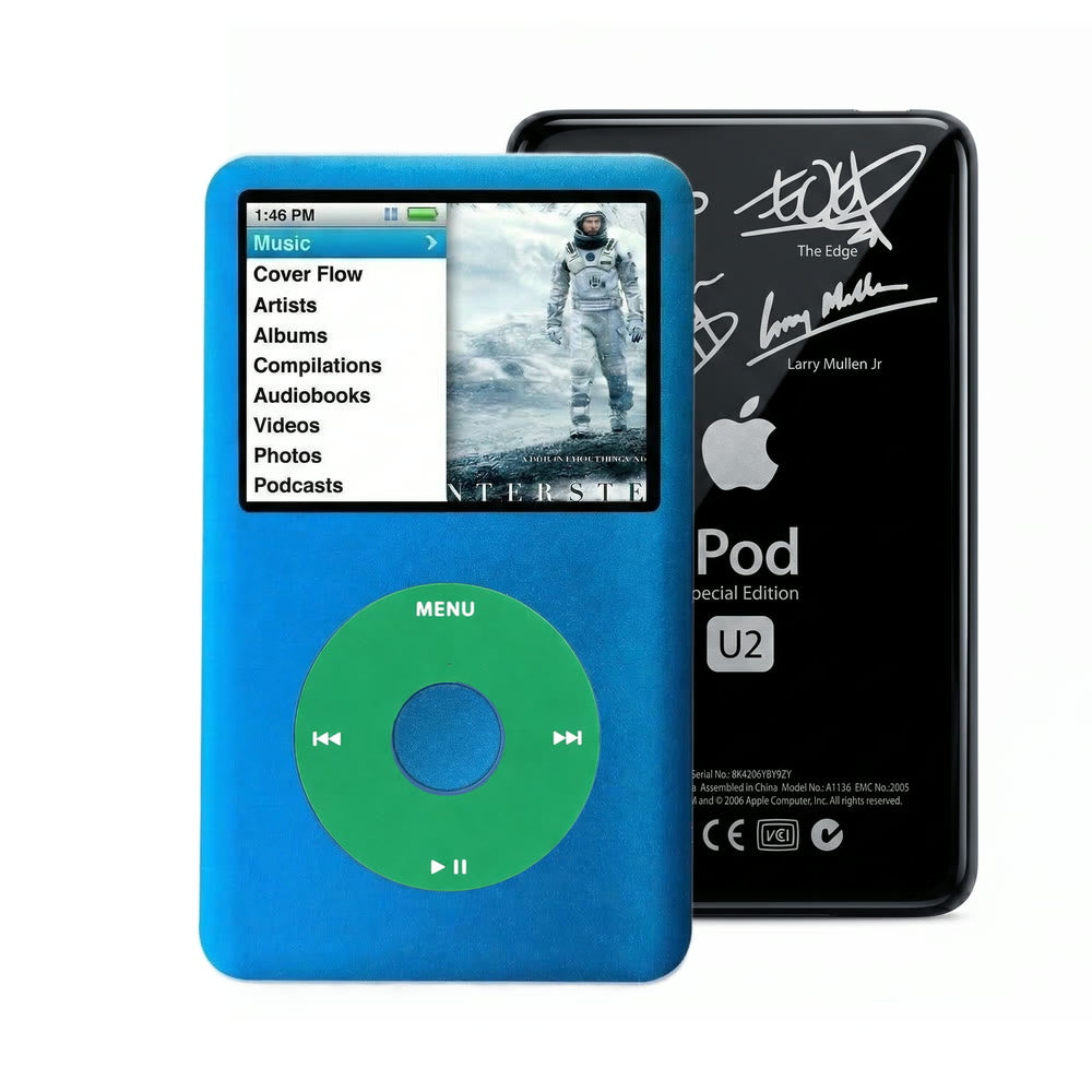 Blue refurbished iPod Classic 7th Gen with Green click wheel and Black U2 back plate