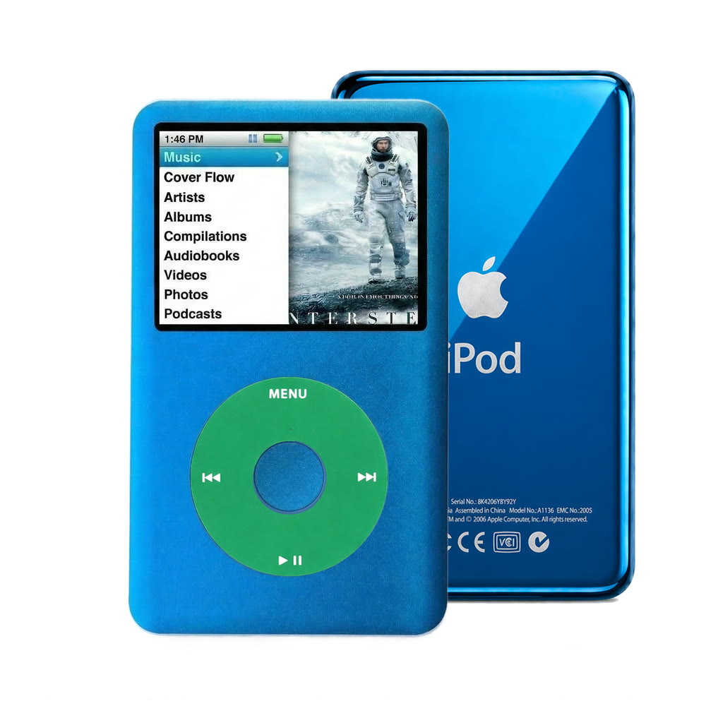 Blue refurbished iPod Classic 7th Gen with Green click wheel and Blue back plate
