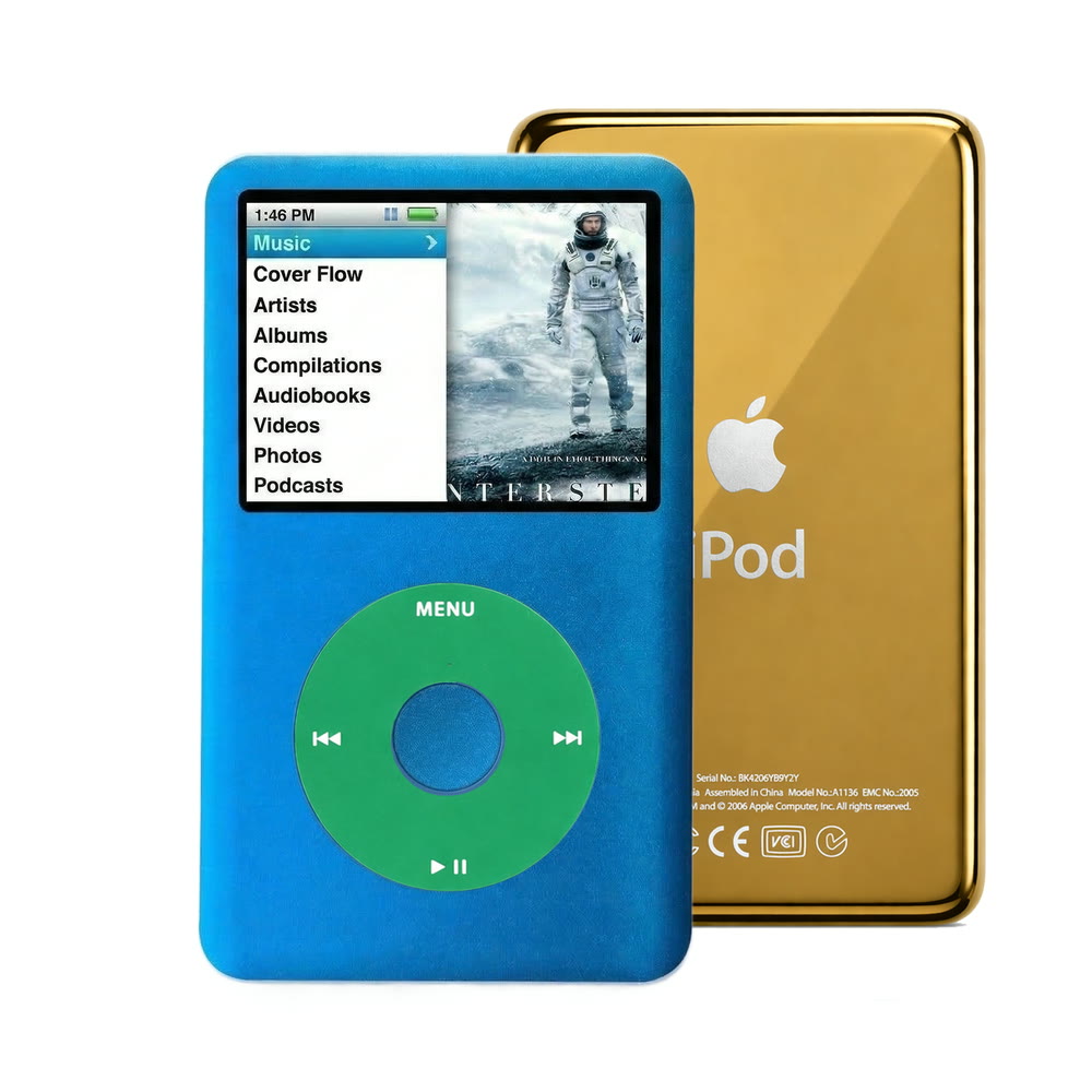 Blue refurbished iPod Classic 7th Gen with Green click wheel and Gold back plate