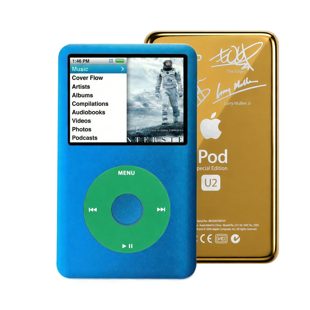 Blue refurbished iPod Classic 7th Gen with Green click wheel and Gold U2 back plate
