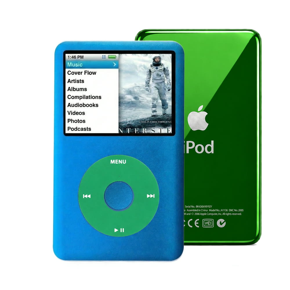 Blue refurbished iPod Classic 7th Gen with Green click wheel and Green back plate