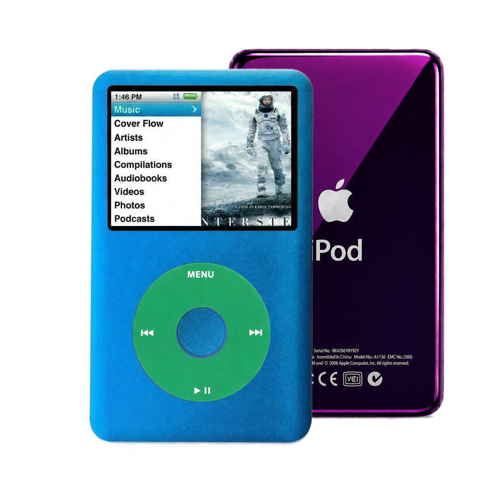 Blue refurbished iPod Classic 7th Gen with Green click wheel and Purple back plate