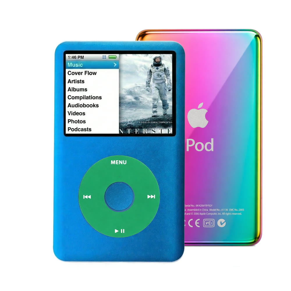 Blue refurbished iPod Classic 7th Gen with Green click wheel and Rainbow back plate