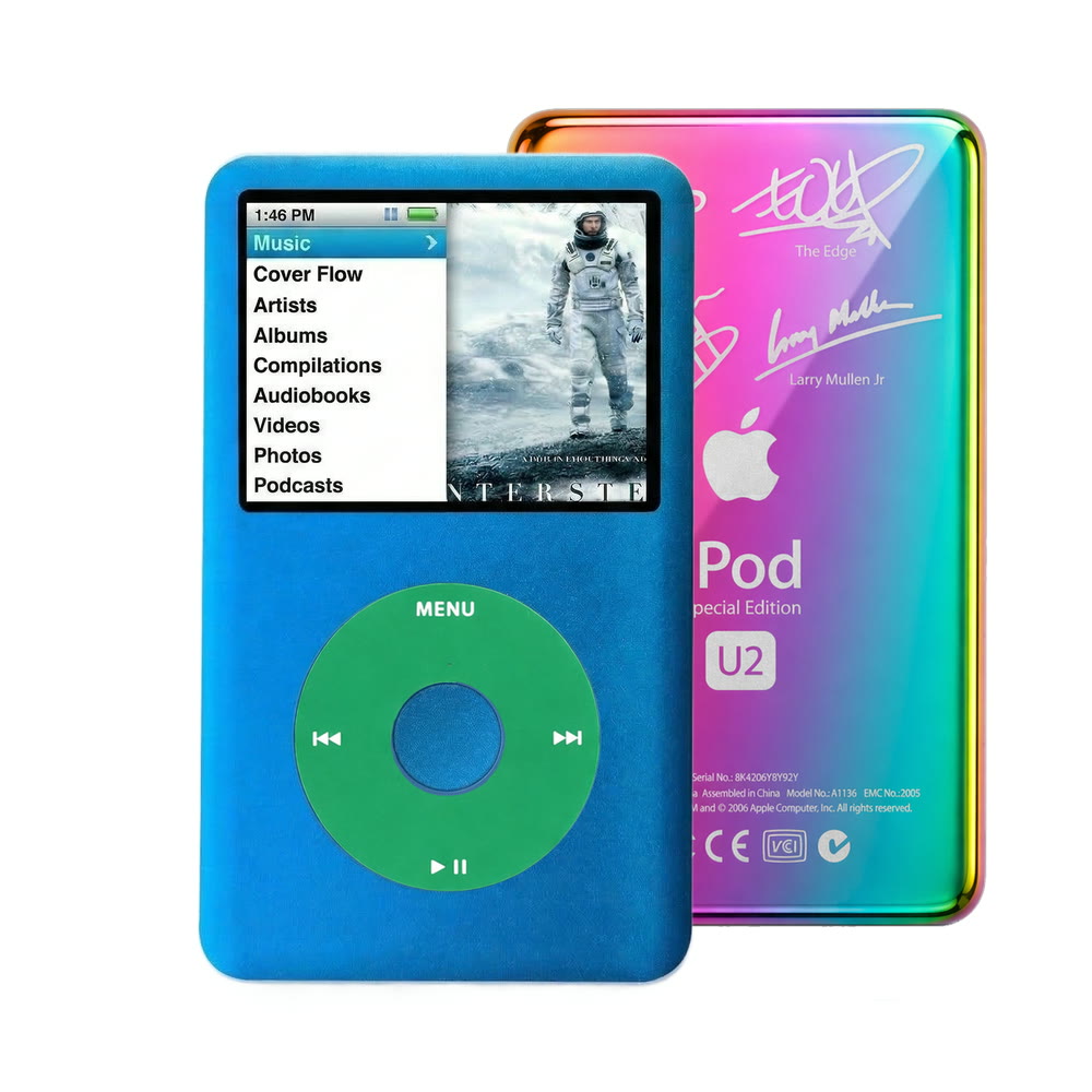 Blue refurbished iPod Classic 7th Gen with Green click wheel and Rainbow U2 back plate