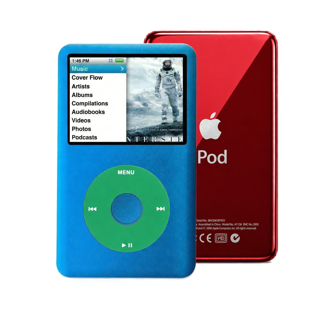 Blue refurbished iPod Classic 7th Gen with Green click wheel and Red back plate