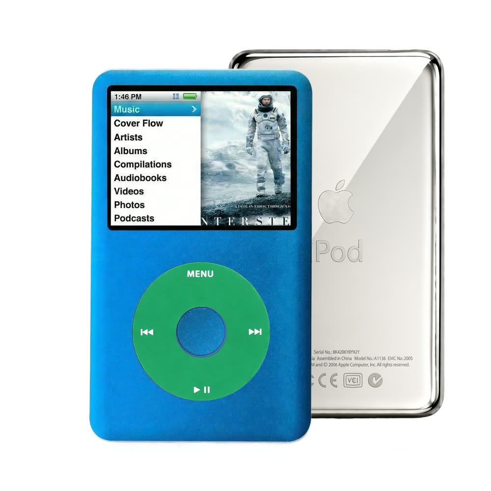 Blue refurbished iPod Classic 7th Gen with Green click wheel and Silver back plate