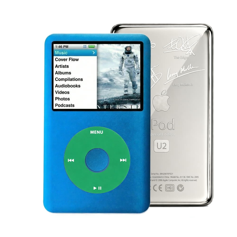 Blue refurbished iPod Classic 7th Gen with Green click wheel and Silver U2 back plate