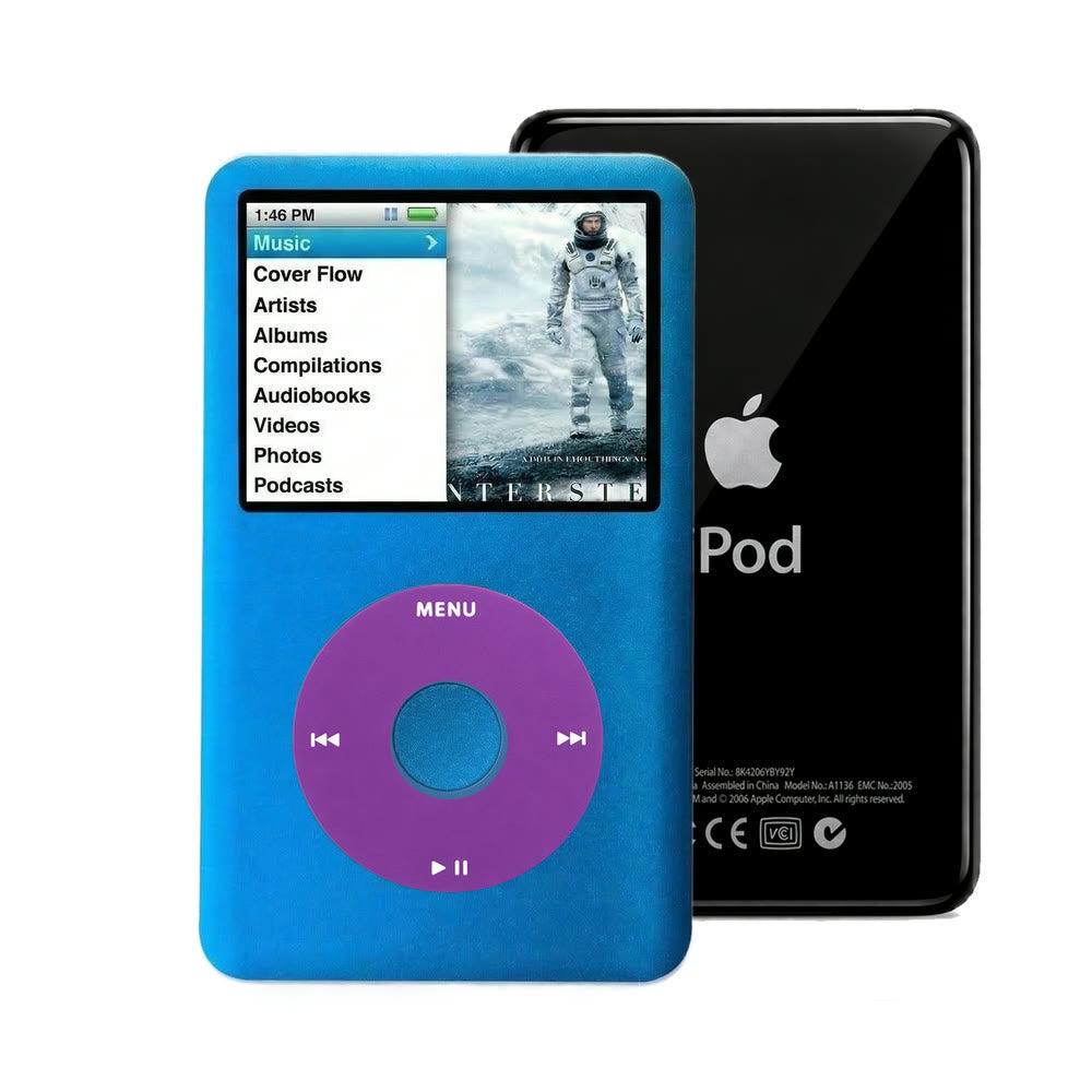 Blue refurbished iPod Classic 7th Gen with Purple click wheel and Black back plate