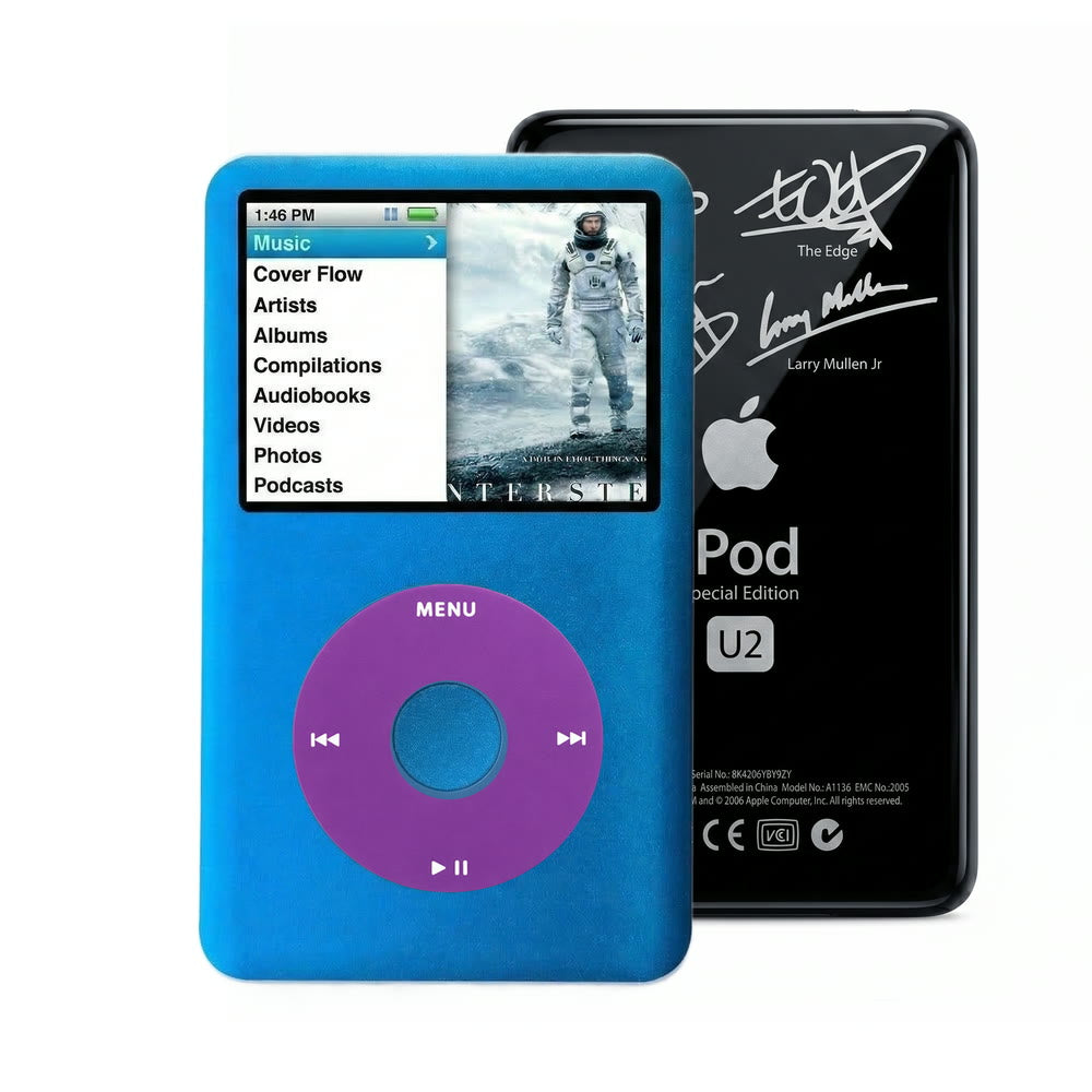 Blue refurbished iPod Classic 7th Gen with Purple click wheel and Black U2 back plate