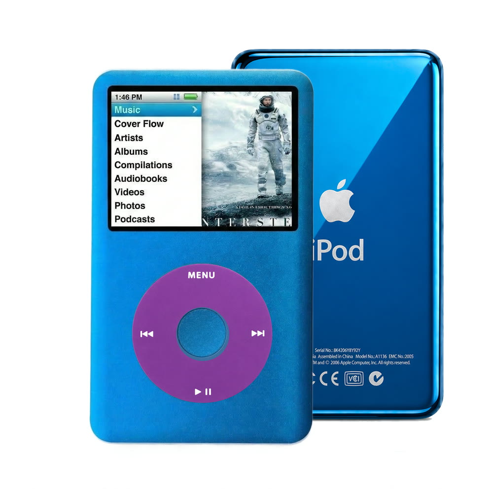 Blue refurbished iPod Classic 7th Gen with Purple click wheel and Blue back plate