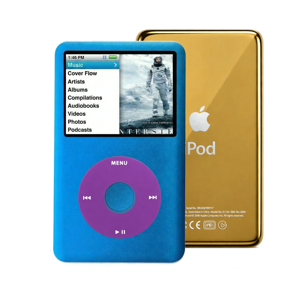Blue refurbished iPod Classic 7th Gen with Purple click wheel and Gold back plate