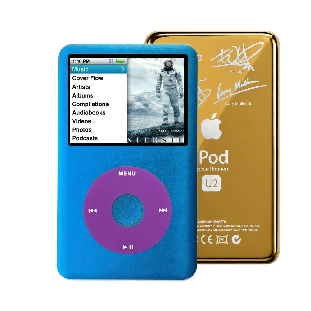 Blue refurbished iPod Classic 7th Gen with Purple click wheel and Gold U2 back plate