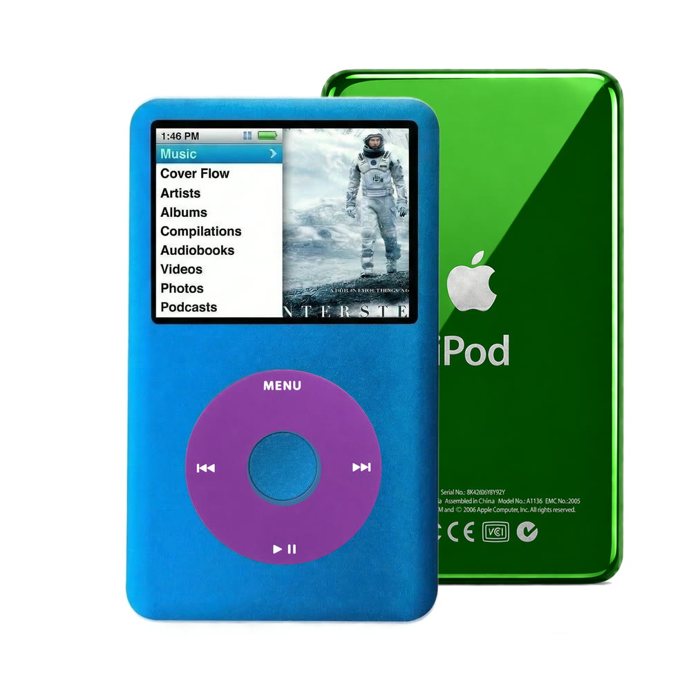 Blue refurbished iPod Classic 7th Gen with Purple click wheel and Green back plate