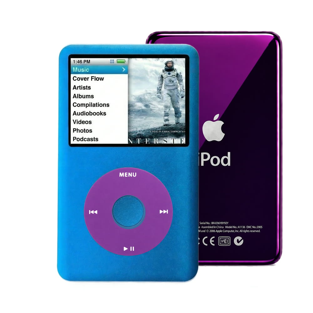 Blue refurbished iPod Classic 7th Gen with Purple click wheel and Purple back plate