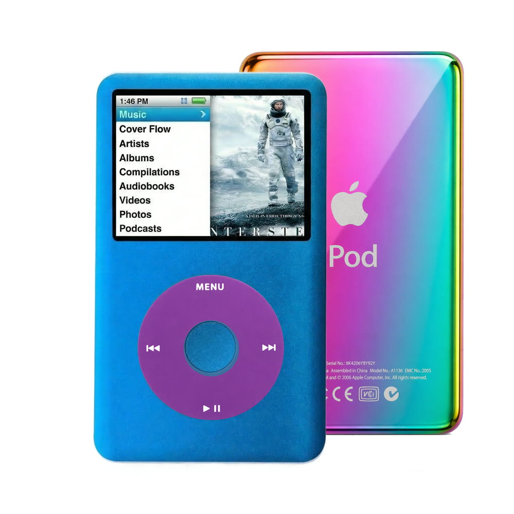Blue refurbished iPod Classic 7th Gen with Purple click wheel and Rainbow back plate