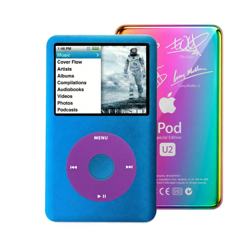 Blue refurbished iPod Classic 7th Gen with Purple click wheel and Rainbow U2 back plate