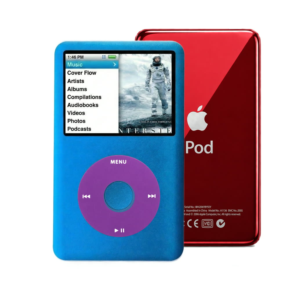 Blue refurbished iPod Classic 7th Gen with Purple click wheel and Red back plate