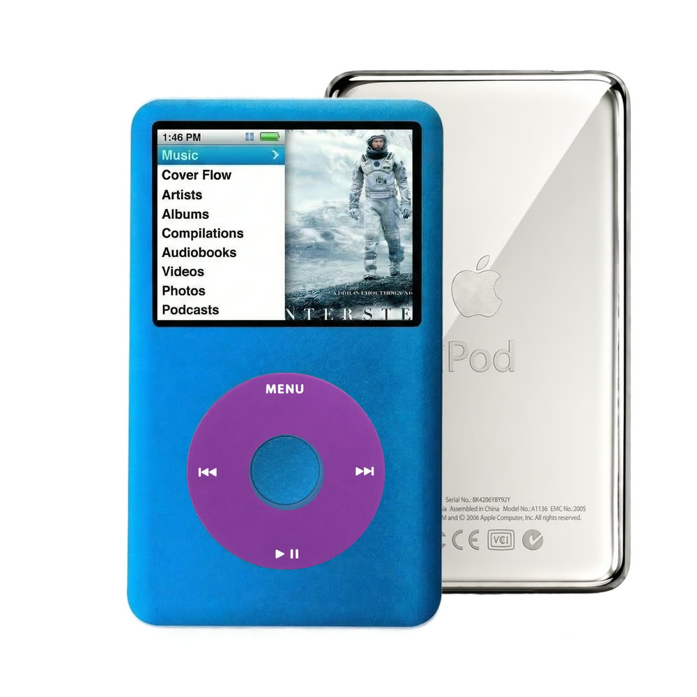 Blue refurbished iPod Classic 7th Gen with Purple click wheel and Silver back plate