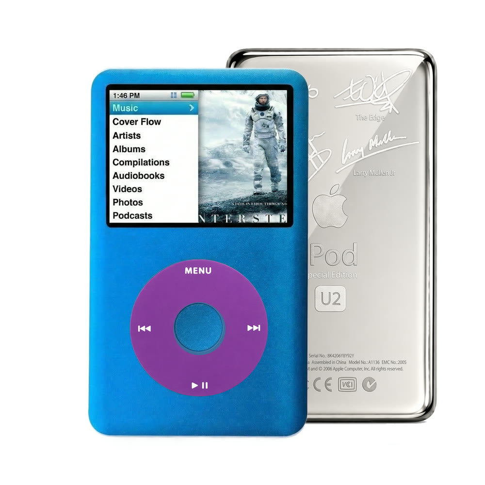 Blue refurbished iPod Classic 7th Gen with Purple click wheel and Silver U2 back plate