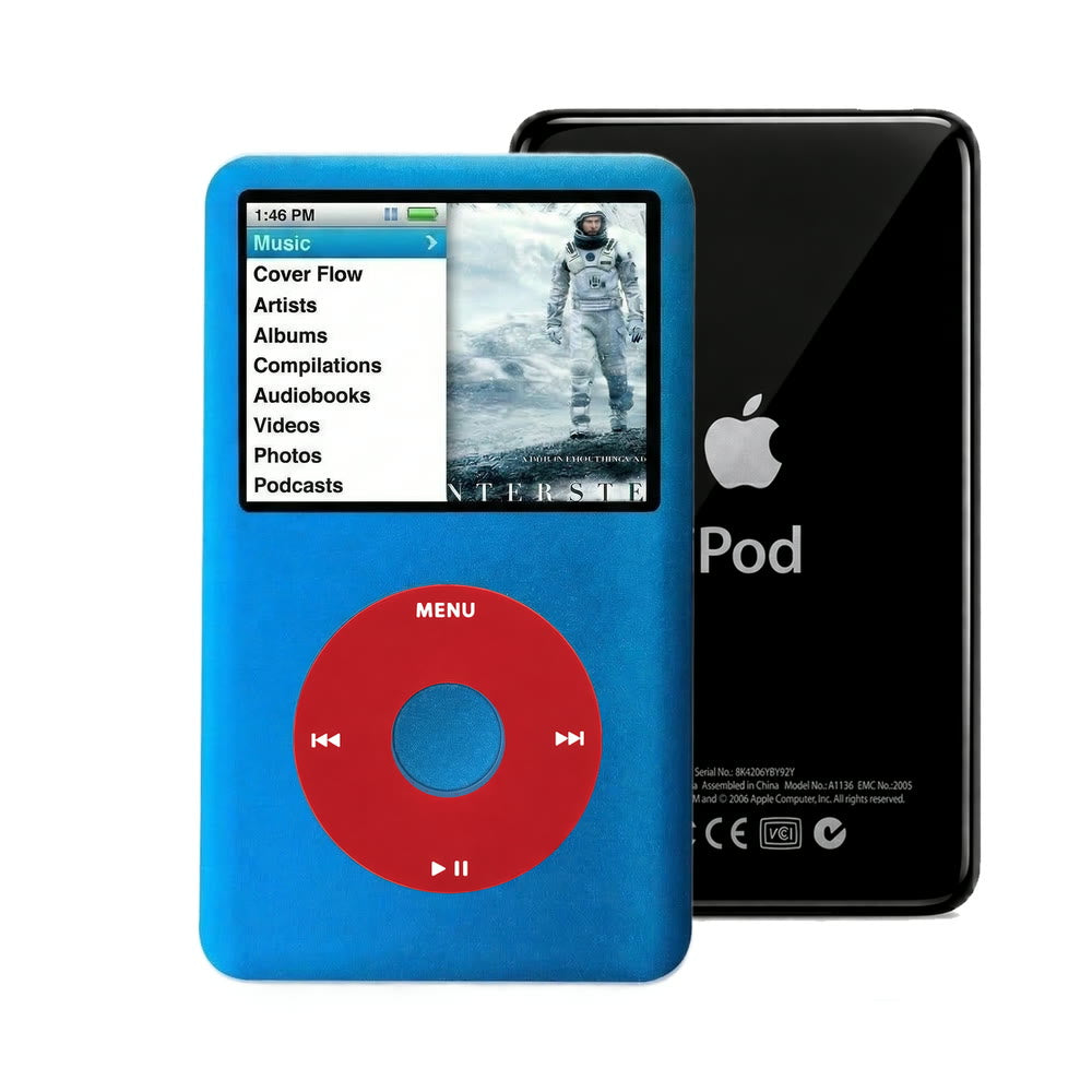 Blue refurbished iPod Classic 7th Gen with Red click wheel and Black back plate