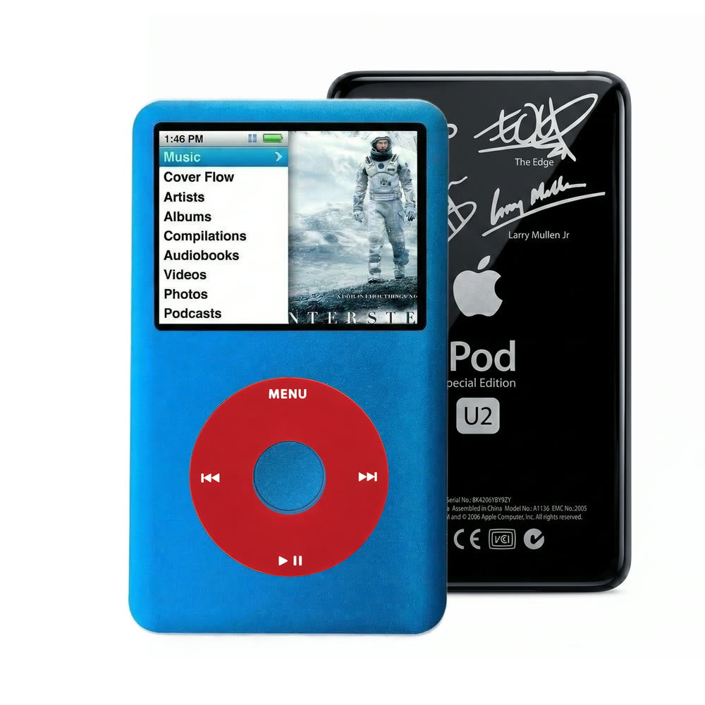 Blue refurbished iPod Classic 7th Gen with Red click wheel and Black U2 back plate