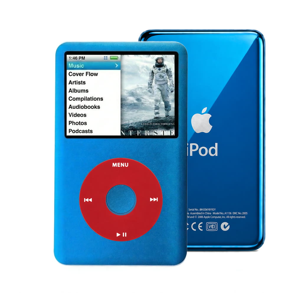 Blue refurbished iPod Classic 7th Gen with Red click wheel and Blue back plate