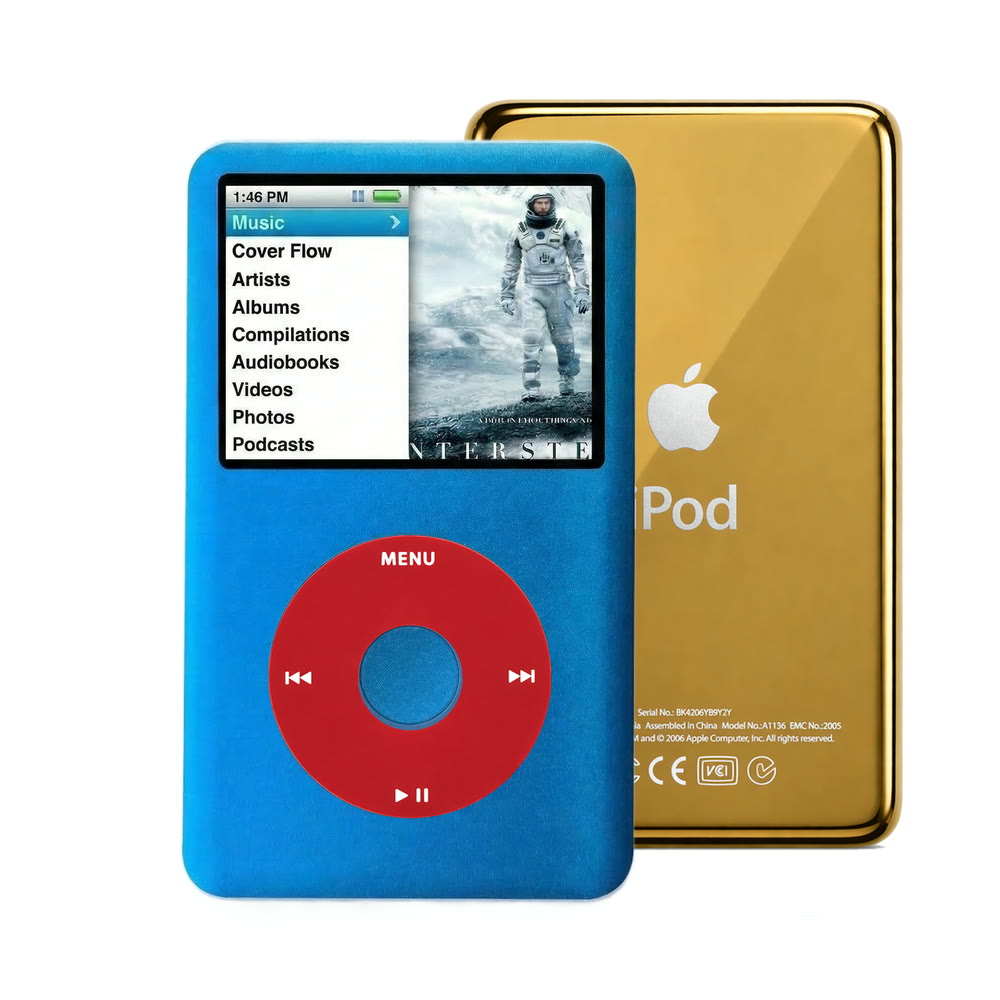 Blue refurbished iPod Classic 7th Gen with Red click wheel and Gold back plate