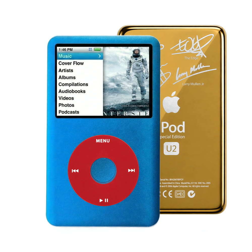 Blue refurbished iPod Classic 7th Gen with Red click wheel and Gold U2 back plate