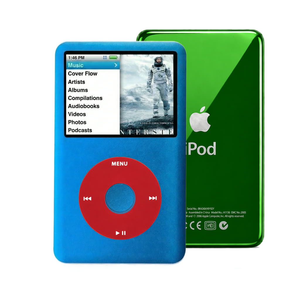Blue refurbished iPod Classic 7th Gen with Red click wheel and Green back plate